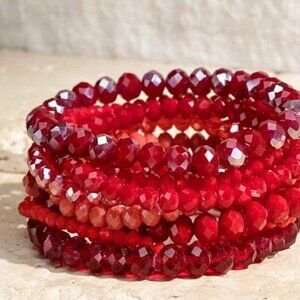7PC Faceted Crystal Cut Beaded Stretch Bracelet Stack Set in Scarlet Red NEW